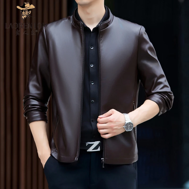 LAORENTOU皮衣男士休闲修身时尚商务秋冬高档皮衣加绒夹克皮外套