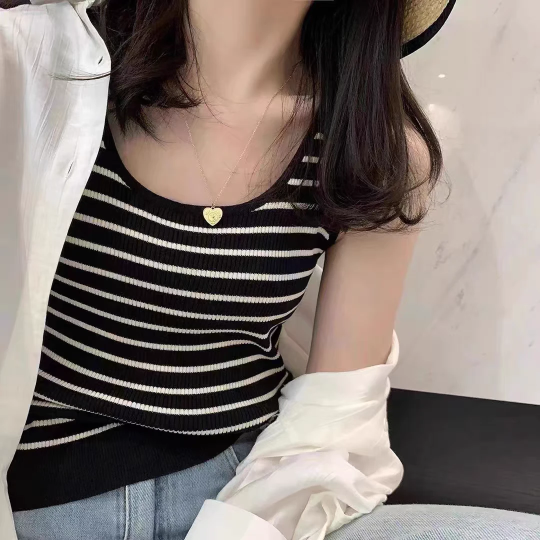 经典条纹弹力百搭无袖针织背心女休闲显瘦打底