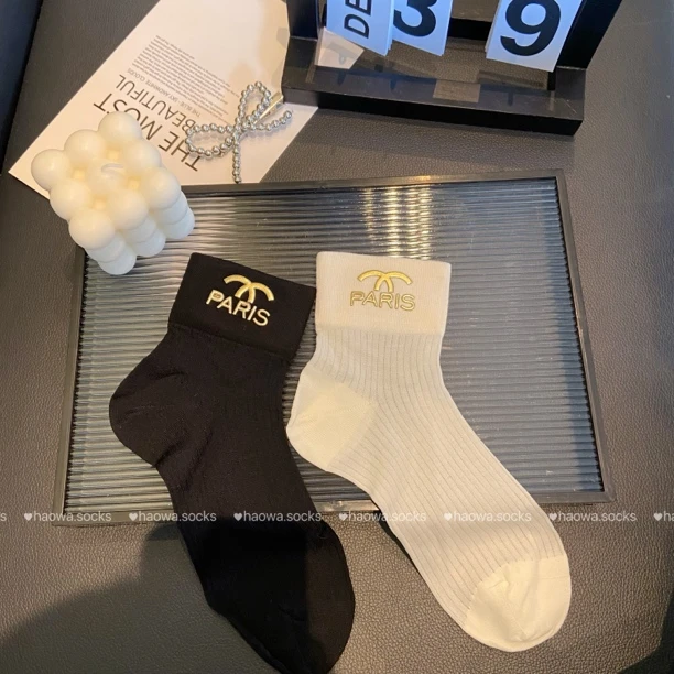 夏季轻薄烫印字母中筒袜仙女可爱风外穿格雷系女袜洋气百搭纯色袜