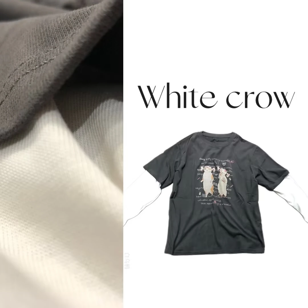 白乌鸦[假两件小猫】长袖T 7053宽松印花设计师重工