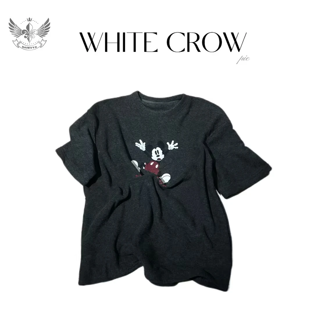 白乌鸦【调皮小奇】磨毛短袖T 休闲情侣宽松印花卡通 7182