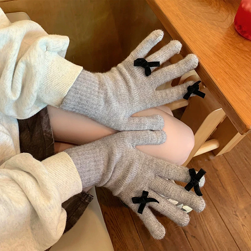 灰色蝴蝶结针织手套冬天女冬季韩版学生保暖针织分指毛线防寒护手