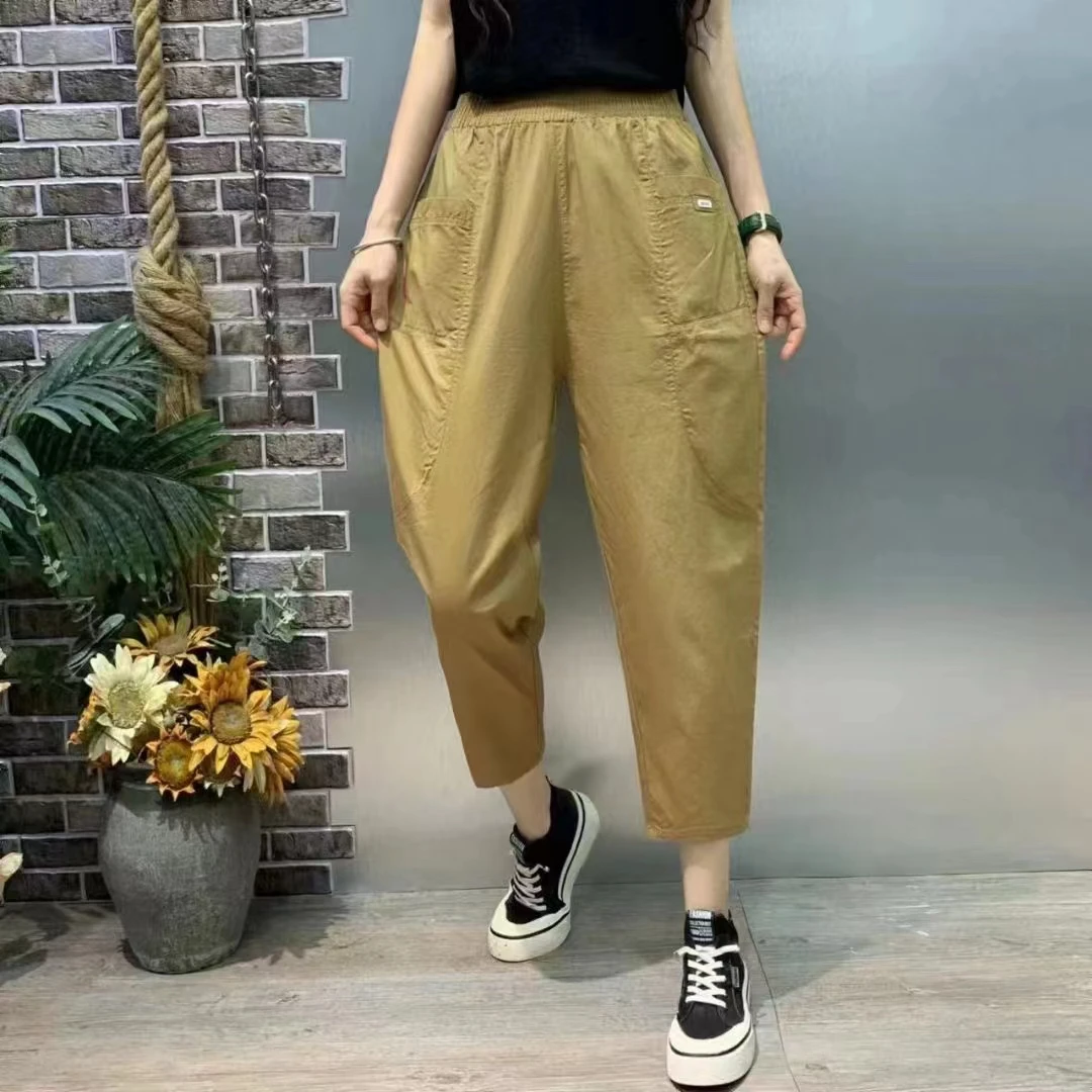 夏季薄款大码老爹裤显瘦时尚百搭宽松松紧腰休闲哈伦裤八分裤2369