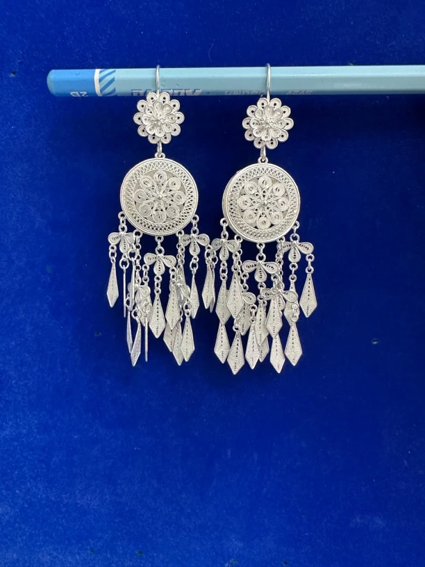 足银耳饰 民族风足银耳饰手工拉丝铜鼓流苏气质百搭耳环