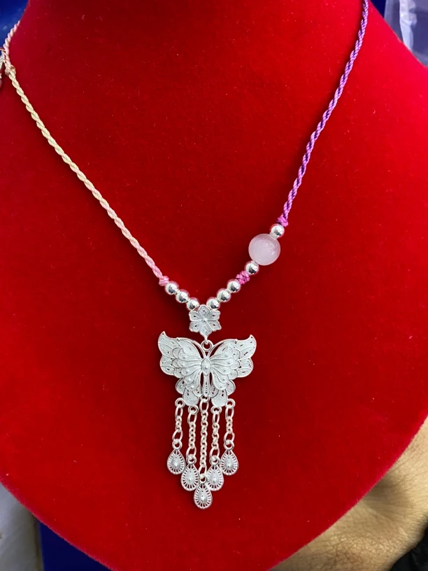 吊坠足银 999足银流苏项链民族风蝴蝶吊坠送女友