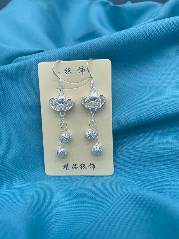足银耳饰 足银耳环~纯手工拉丝工艺元宝款足银耳环