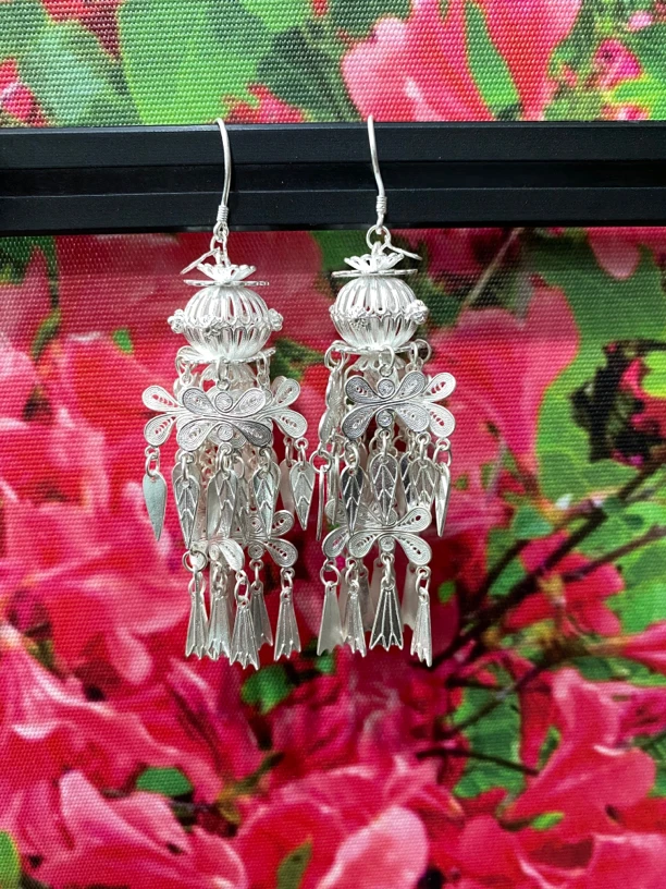 足银耳饰 纯手工拉丝工艺灯笼款足银耳环