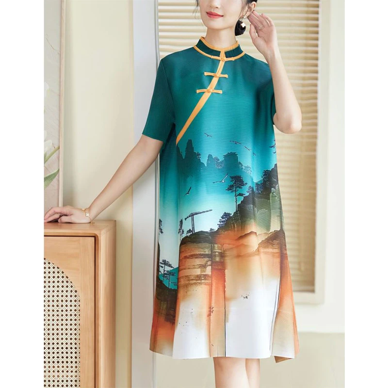 2024夏季新款印花褶皱气质大码洋气宽松显瘦长款连衣裙女DCA1772