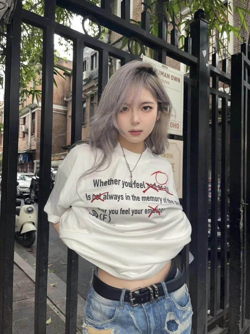 美式复古酷拽辣妹潮流字母印花白色ins百搭时尚纯棉夏季圆领上衣