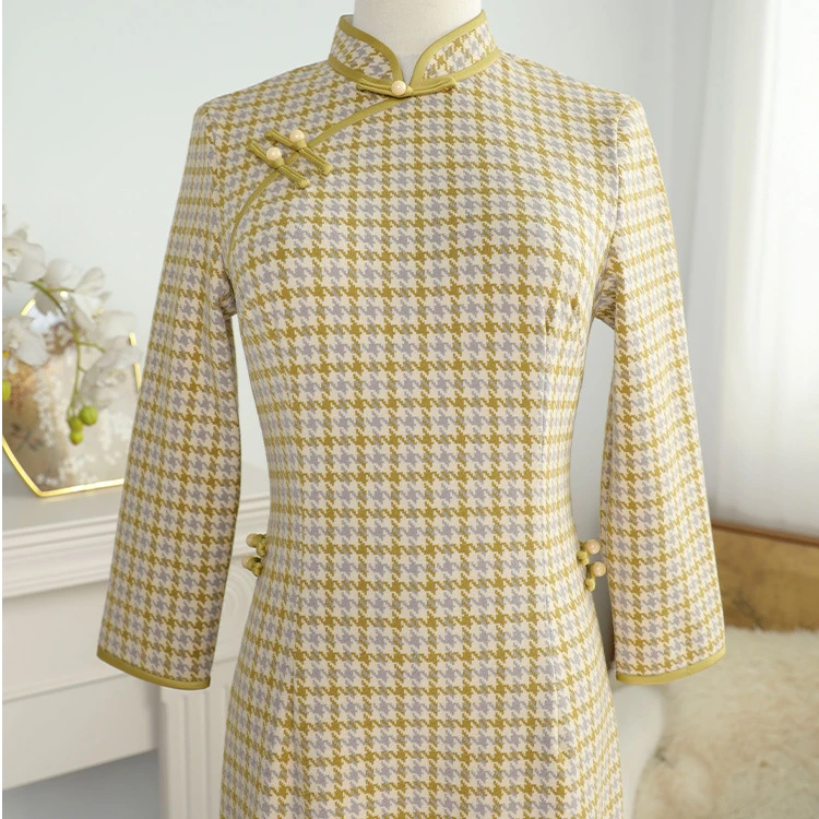 旗袍复古民国风改良新中式格子秋季新款大码日常气质修身时尚