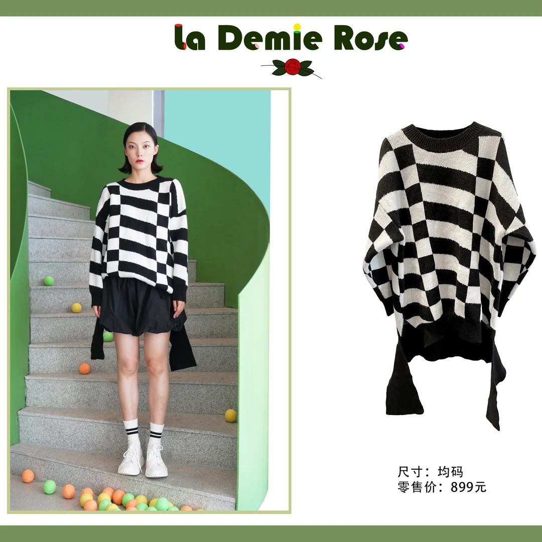 HALF A ROSE不规则棋盘格毛衣