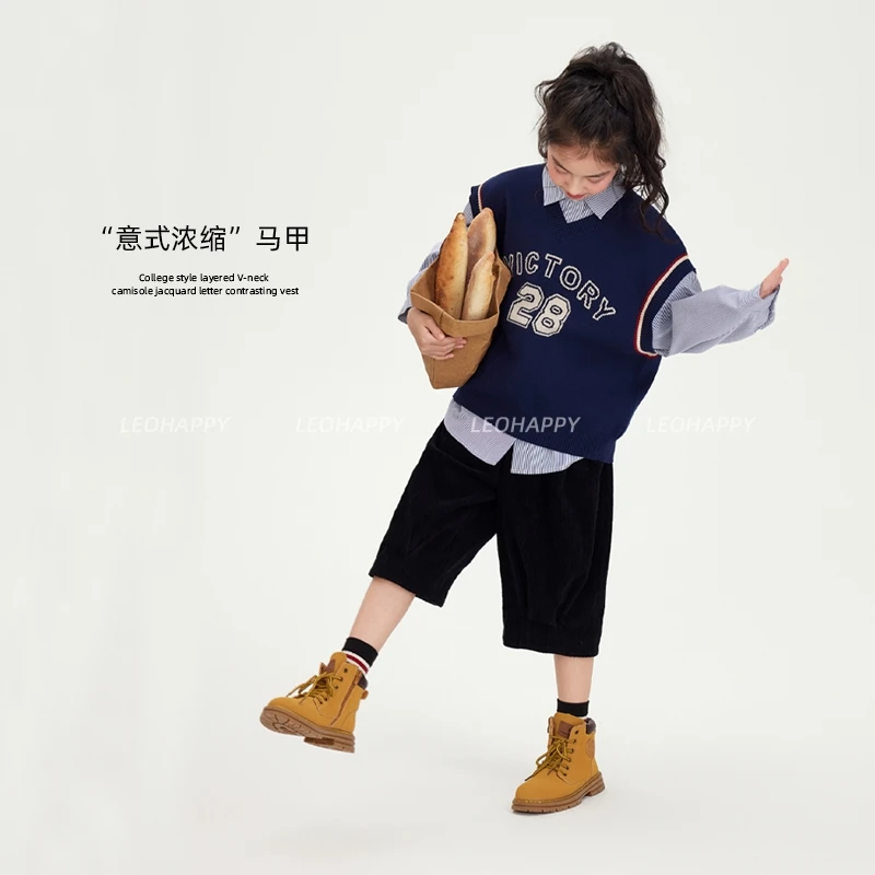 【意式浓缩】学院风叠穿V领坎肩提花字母撞色马甲