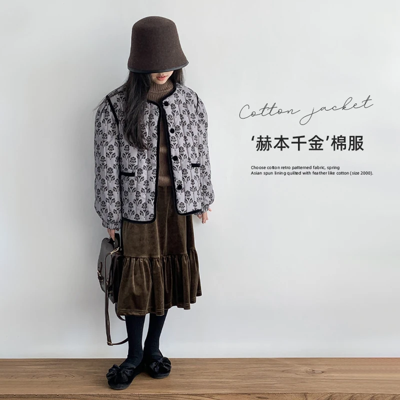 【赫本千金】新款韩系保暖复古时尚满印气质碎花休闲女童棉服外套