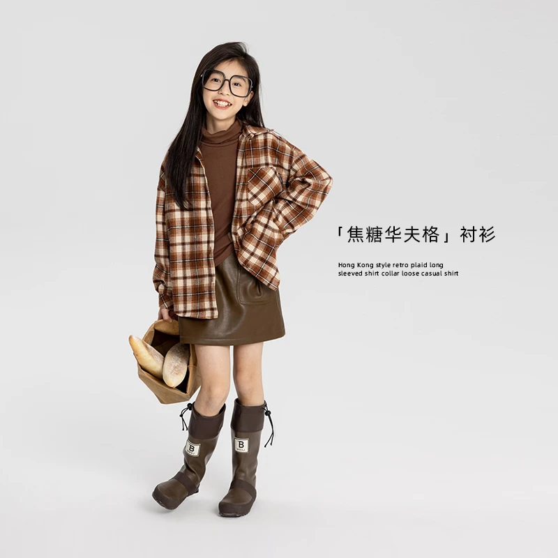 【焦糖华夫格】女童衬衫儿童外套春秋款格子衬衫长袖上衣短款经典