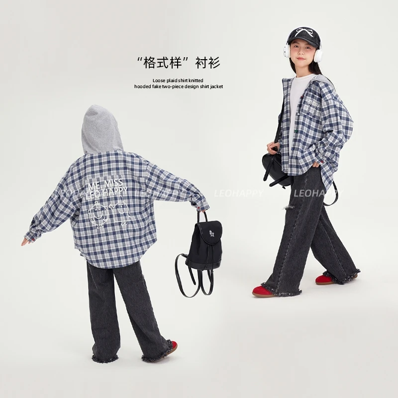 【格式样】日系宽松格子衬衫针织连帽假两件设计衬衫外套
