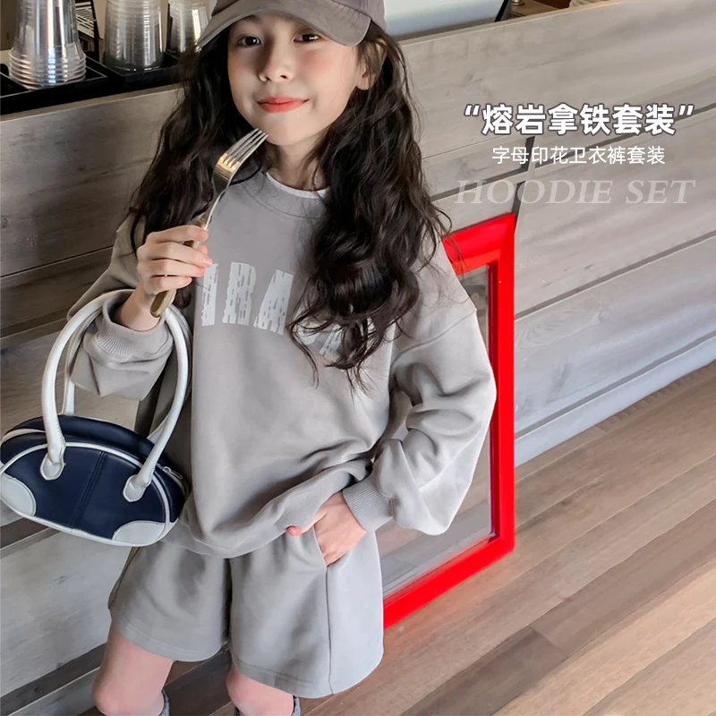 【熔岩拿铁】运动休闲做旧字母印花卫衣短裤套装