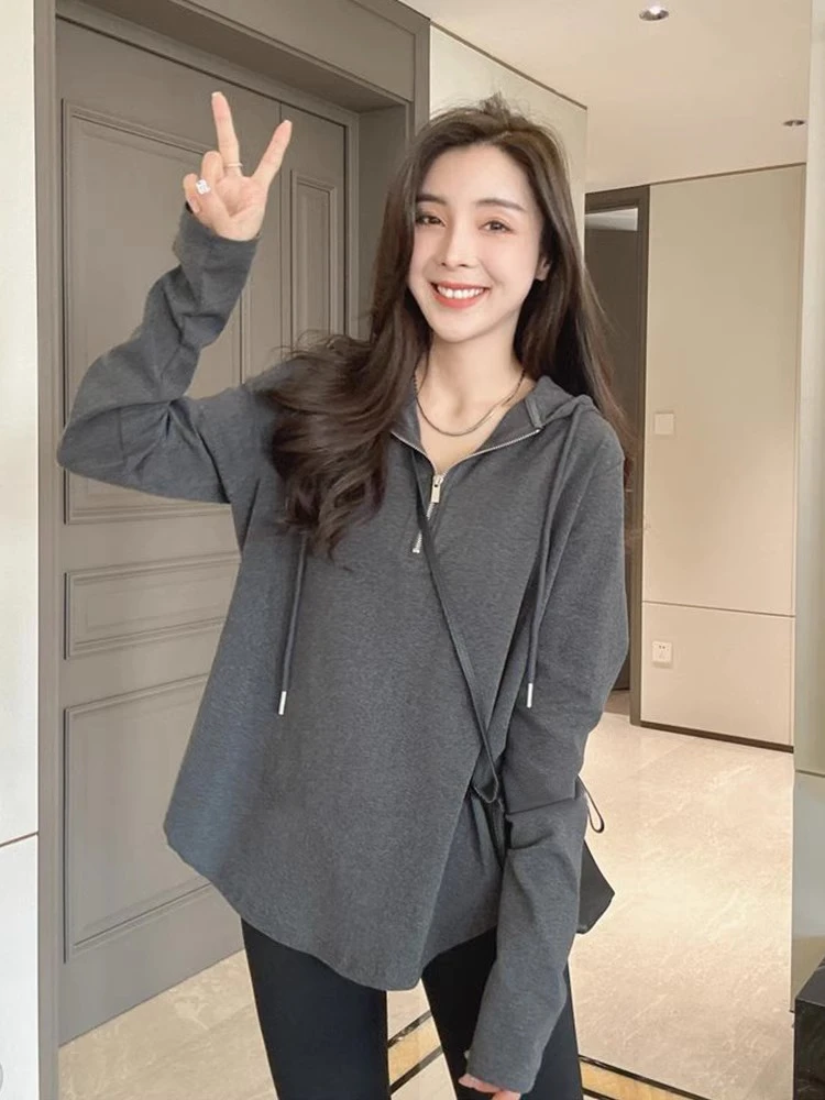 孕妇长袖t恤女潮妈2024早秋小众设计感半拉链帽衫宽松百搭女上衣