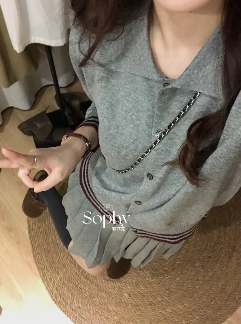 【sophy】财阀千金｜miu系韩版减龄学院风翻领开衫+百褶裙针织套装