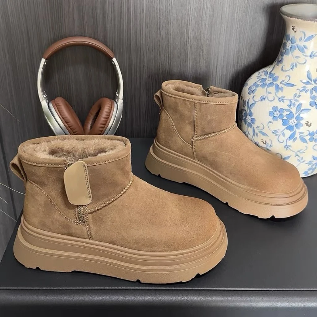 XUZHI煦芝 2024新款冬季加绒厚底雪地保暖防滑面包短靴短靴子1019