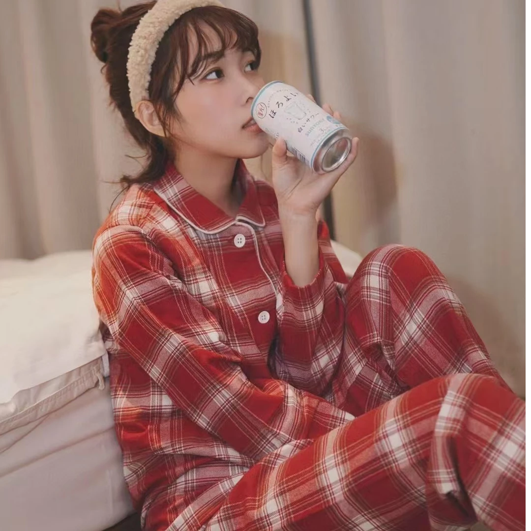 秋季全棉法兰绒学生宽松格子家居服纯棉宽松格子厚款日系睡衣套装
