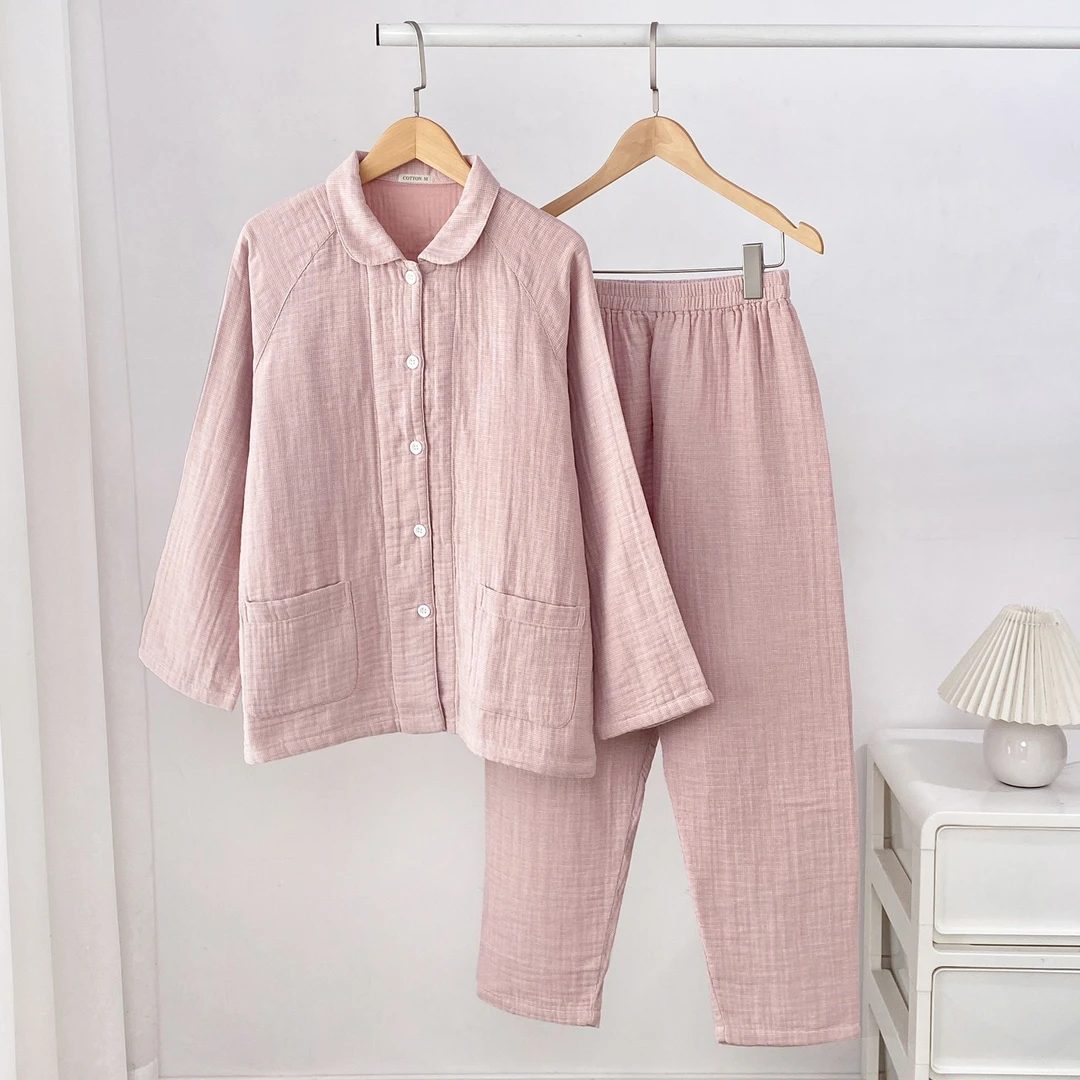 全棉秋冬新品四层纱睡衣女套装纯棉休闲长袖秋季春秋大码家居服