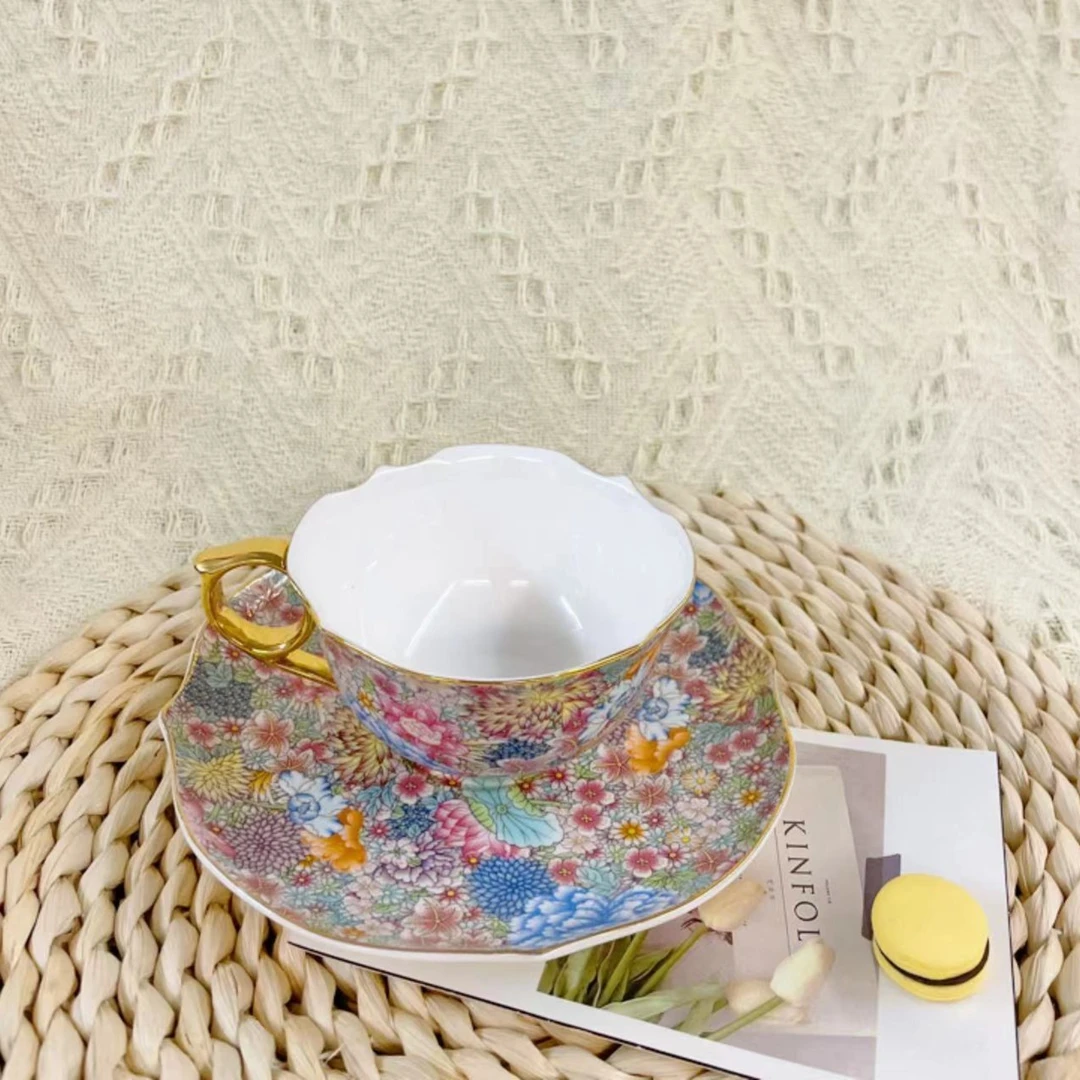 【凡间专属】欧式九谷百花轻奢镀金尖角咖啡杯