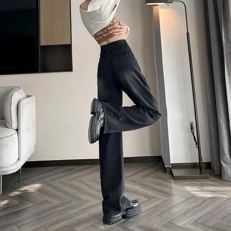 2024新款高腰黑色灰色阔腿牛仔裤女高腰显瘦宽松拖地直筒筒裤裤子