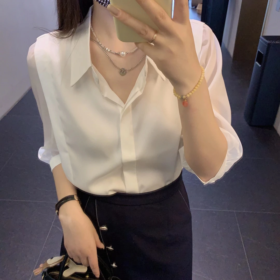 文梵希蜜港白色雪纺衬衫2024夏装新款法式衬衣时尚感设计感上衣