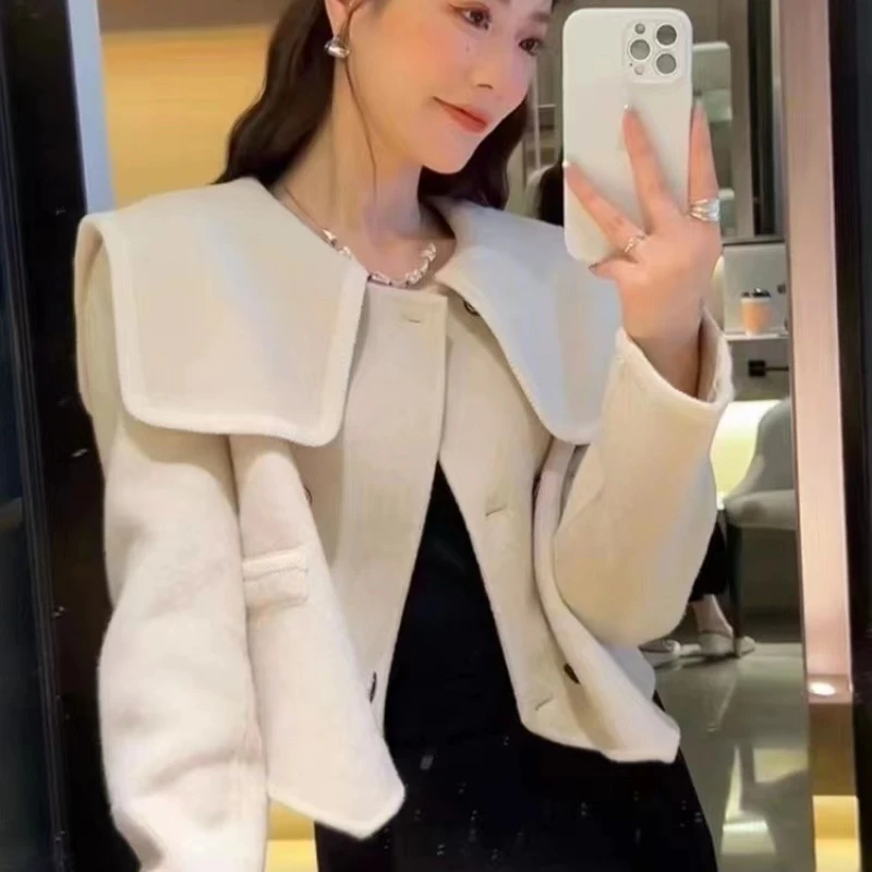 娃娃领短款双面羊毛呢外套女小香风百搭韩版2024新款小个子大衣