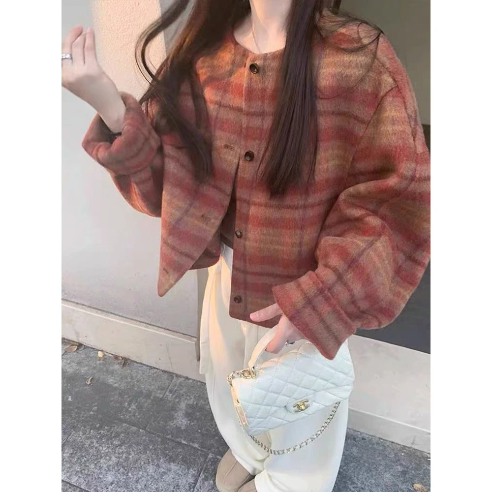 秋冬复古格子双面呢大衣女短款小个子圆领宽松ins毛呢外套小众