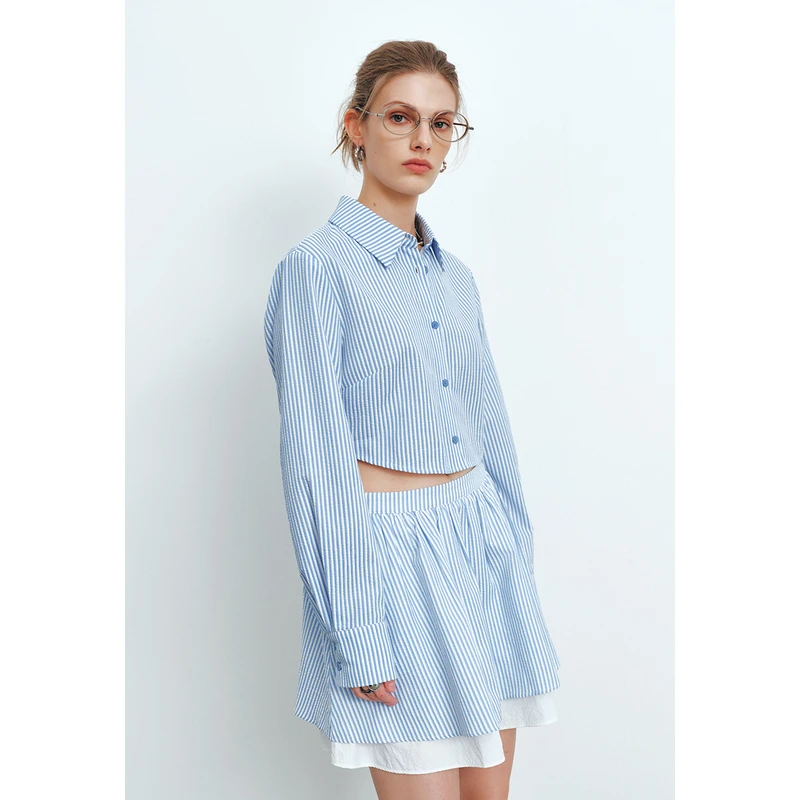 UR女装休闲撞色条纹短款长袖开襟衬衫UYU240001