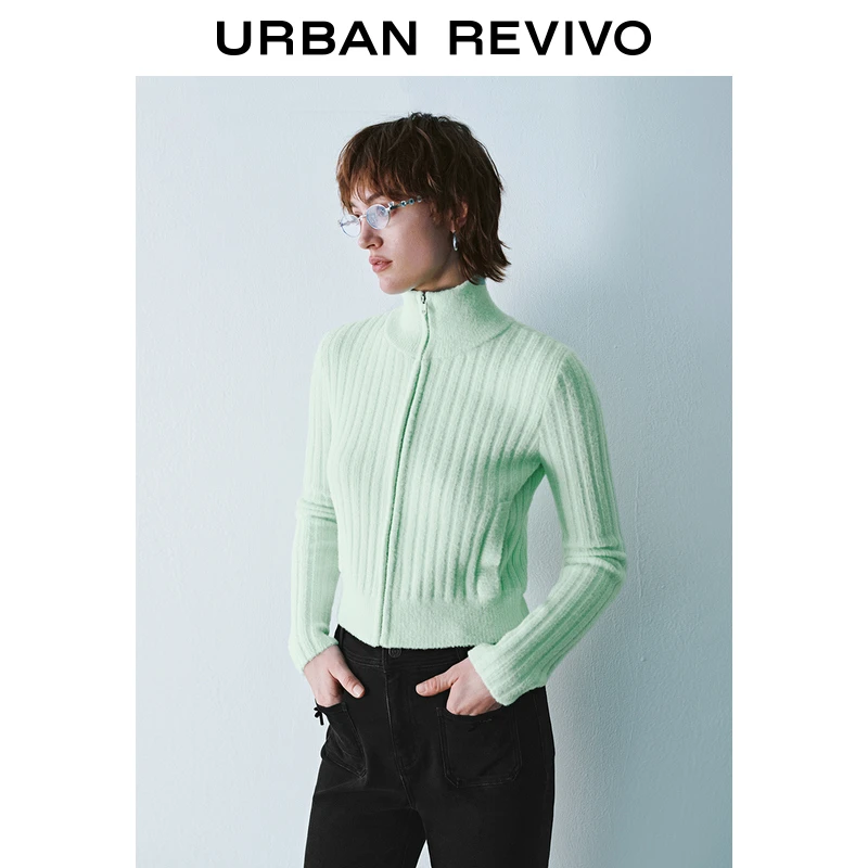 UR女装潮酷拉链立领坑条软糯针织开衫UYY940060