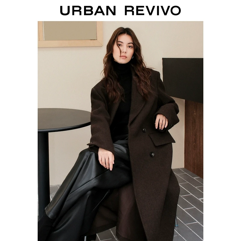 UR冬季新款女装雅丹风复古气质双排扣廓形大衣UWJ140045