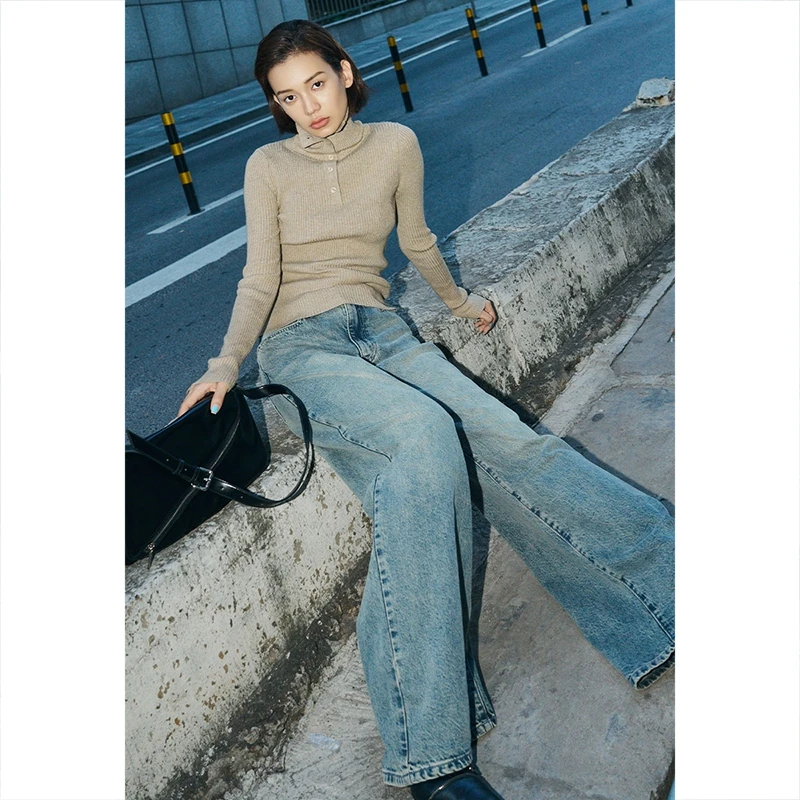 UR新款女装时尚复古休闲高腰阔腿显瘦牛仔长裤UWV830103