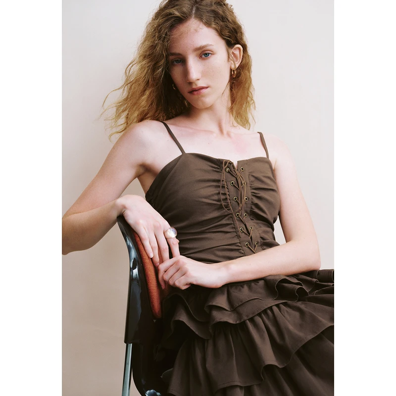 UR女复古美拉德褶皱荷叶边吊带连衣裙UWL740061