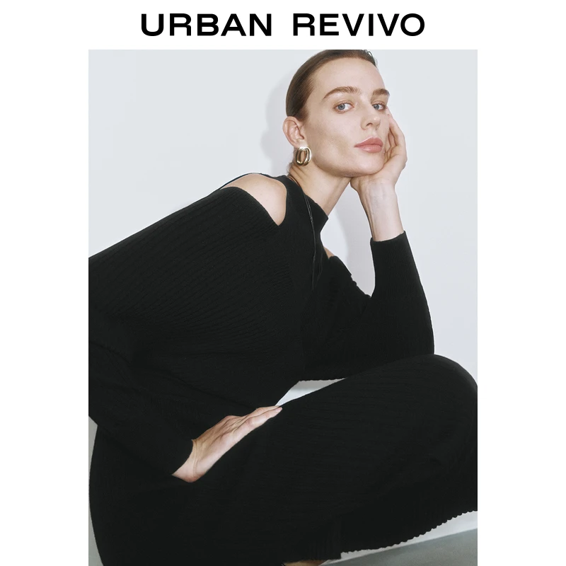 UR秋季新款女装慵懒设计感拼接镂空针织连衣裙UWG940356