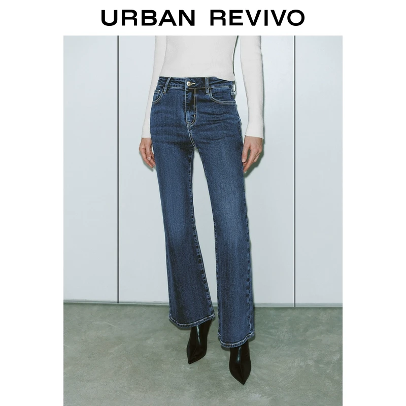 UR女装复古休闲微喇高腰牛仔长裤UWM840110