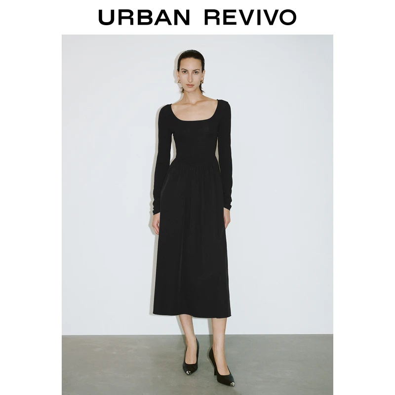 UR2024秋季新款女装法式气质U领修身长袖连衣裙UWG740242+
