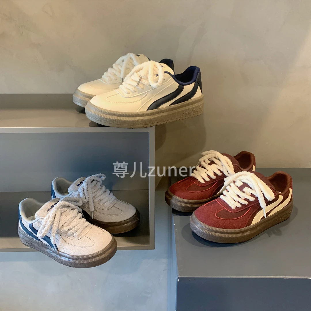 尊儿2024年新款春秋设计感皮面拼色百搭复古小众港风厚底ins女鞋