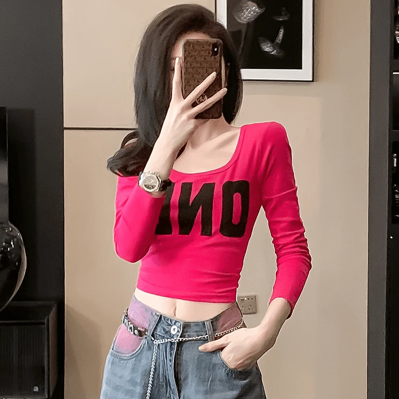 韩版休闲短款t恤春秋时尚高腰洋气打底ins百搭修身显瘦设计感上衣