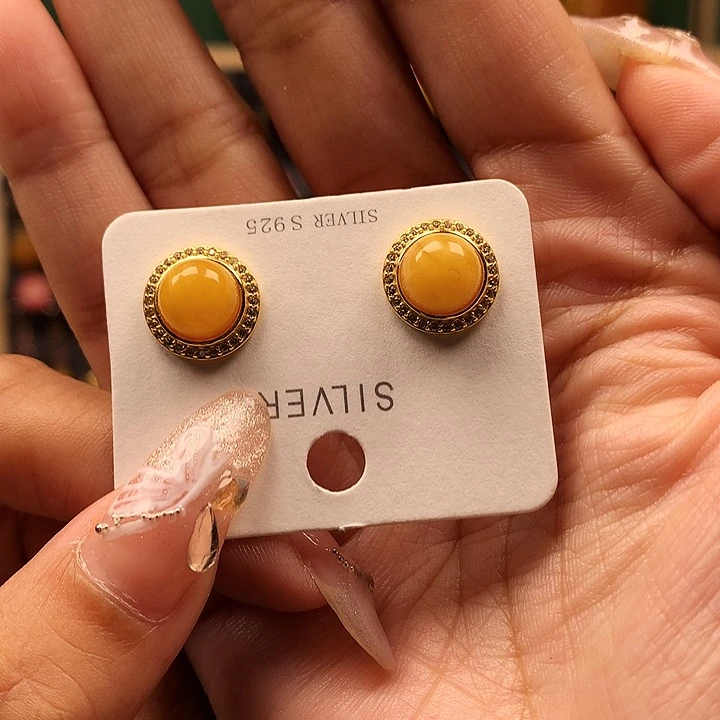 蜜蜡耳饰银S925镶嵌耳钉