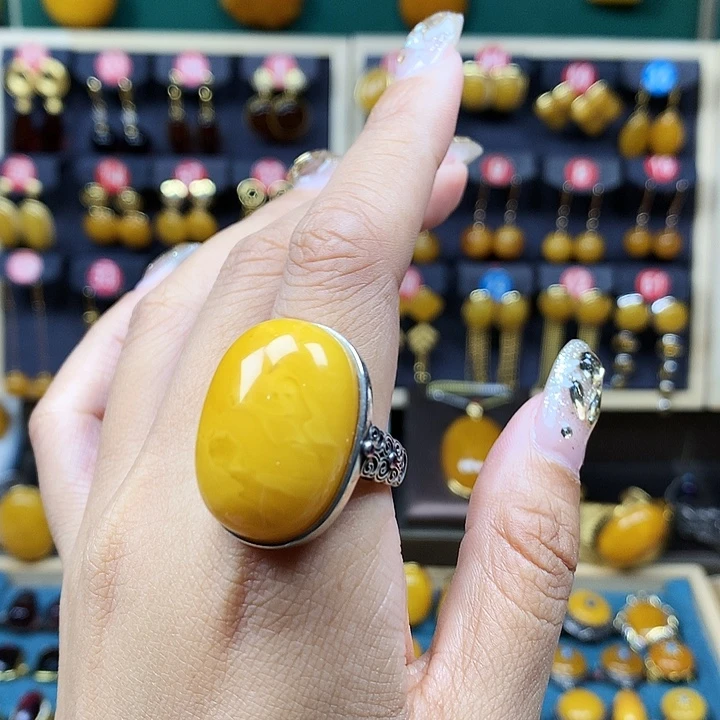 蜜蜡戒指银S925镶嵌戒指