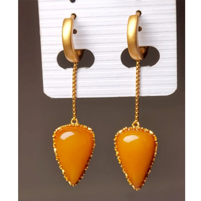 时尚气质复古百搭简约小众精美925银镶嵌鸡油黄蜜蜡耳环