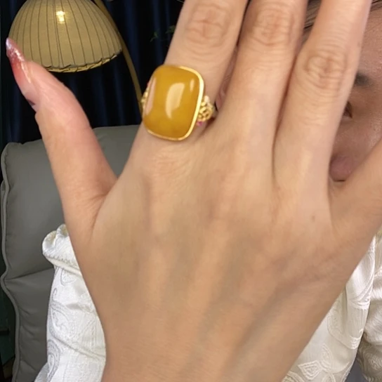 蜜蜡戒指银S925镶嵌戒指