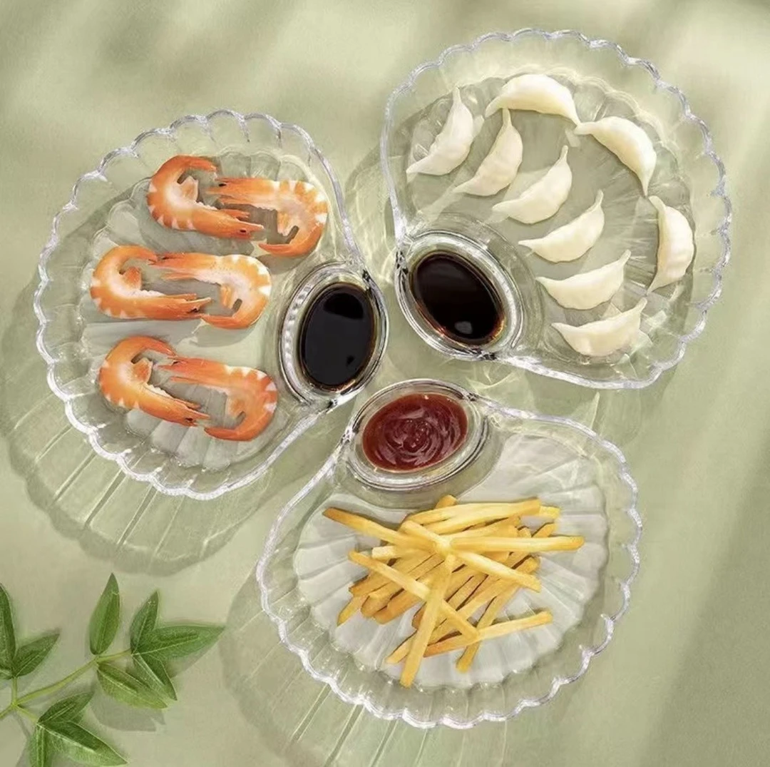 轻奢透明贝壳饺子盘多用蘸料盘PET材质非玻璃餐盘果盘大容量蘸料