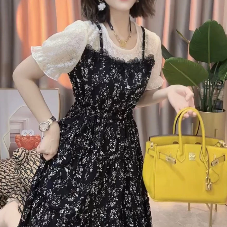 2024夏季新款女装蕾丝拼假碎花连衣裙遮肉显瘦抽绳假两件连衣裙