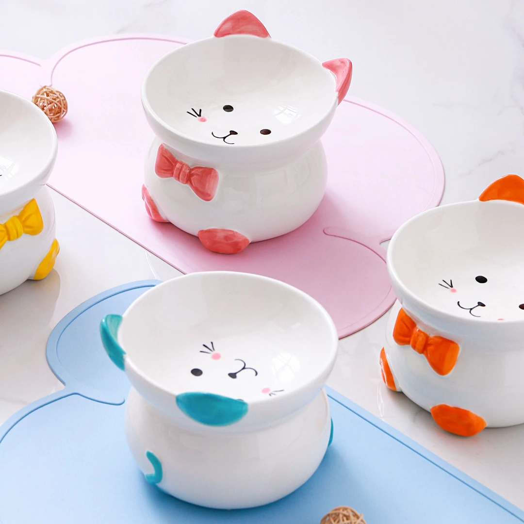 领结陶瓷猫碗小型犬高脚护颈手绘可爱大容量食盆宠物主粮零食碗