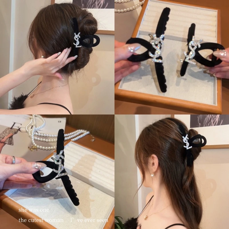 闪钻字母抓夹高级感大号后脑勺鲨鱼夹黑色丝绒新娘发饰百搭韩版