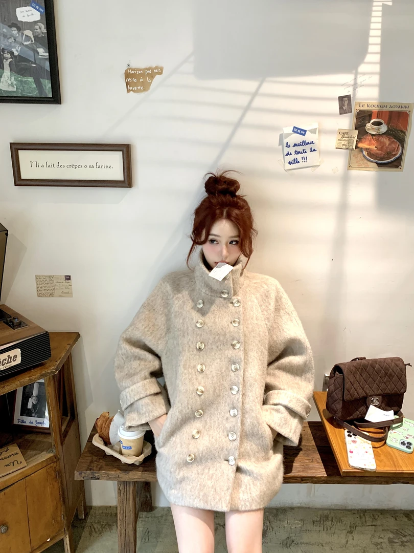 清八盖pinkypiggy 冰岛雪芙2.0 气质立领双排扣ins大衣羊毛呢外套