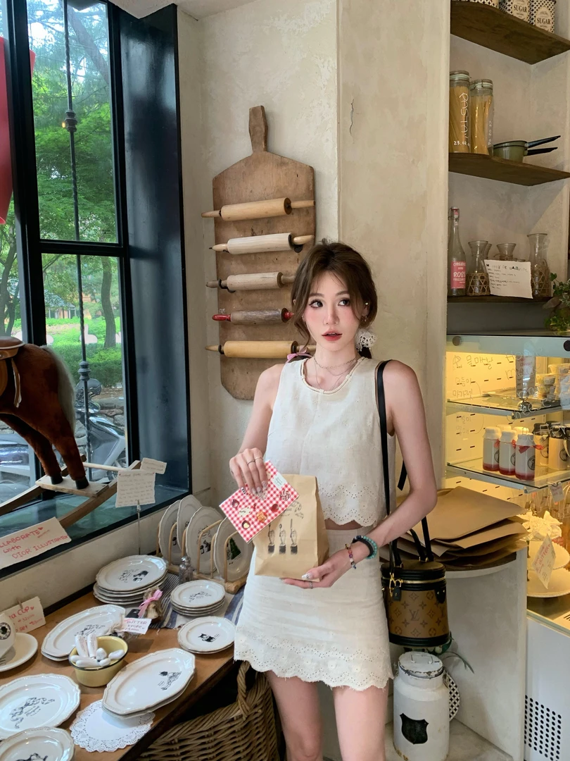 清 八盖pinky piggy 成为韩妹 设计感亚麻套装女百搭短上衣a字裙